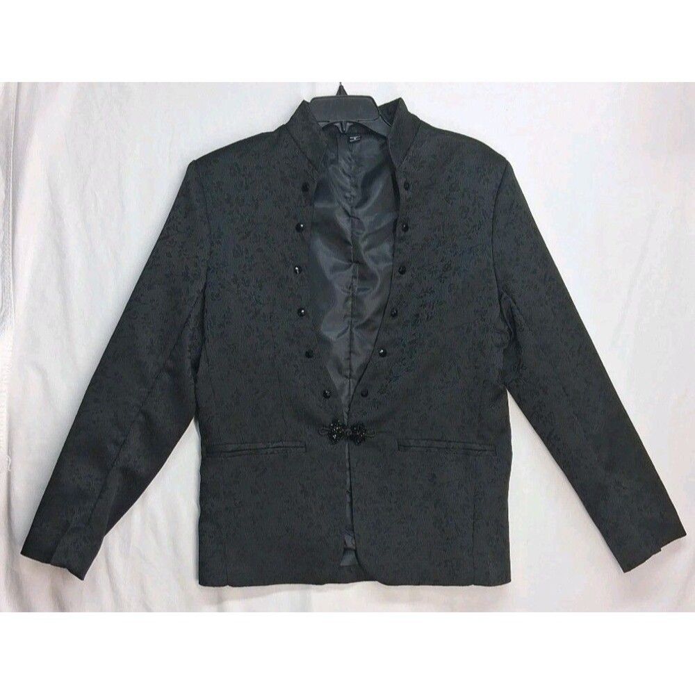 Manfinity Men Black Tuxedo Jacket Mandarin Collar Floral Emboss Vamp Prince Coat